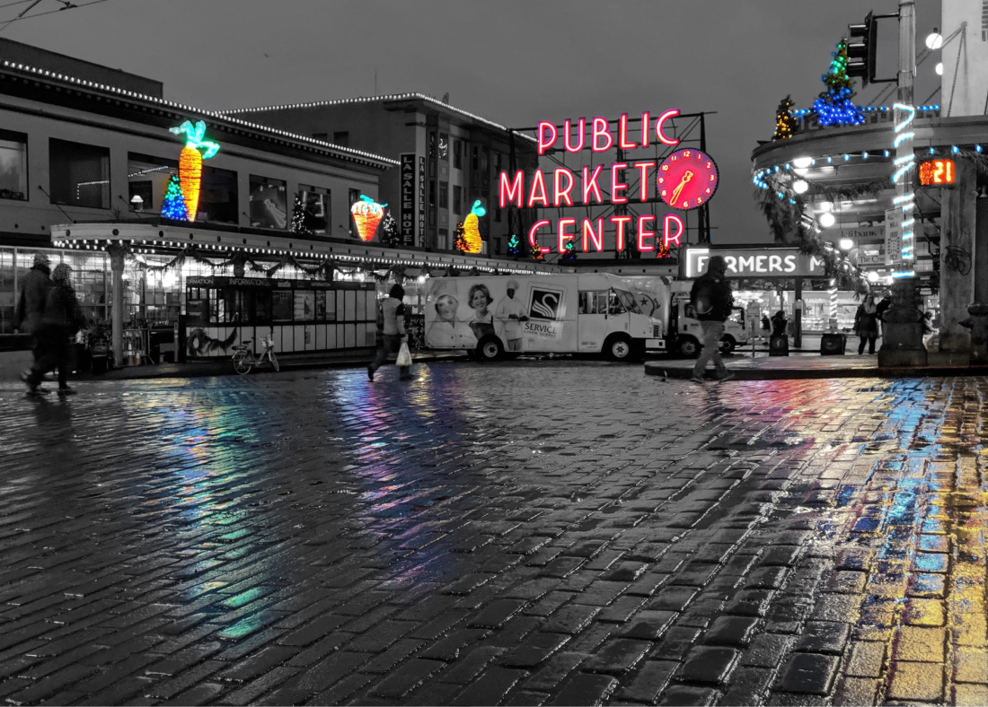 an edited picture of the popular Pike Place market in Seattle city