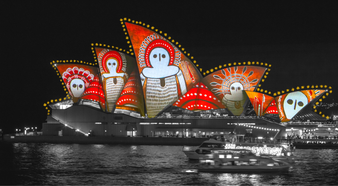 an edited picture of Sydney Opera House with aboriginal art light projection