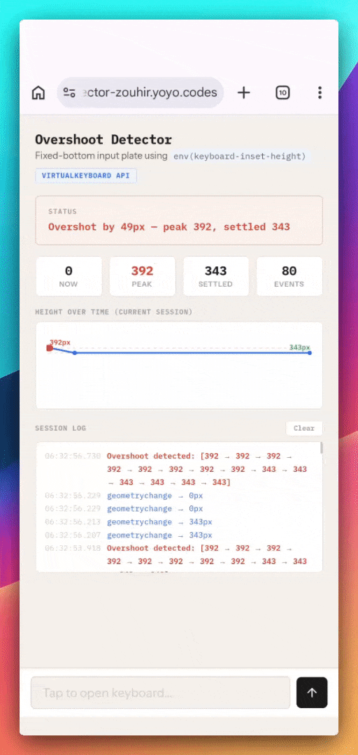 Overshoot bug demo: the keyboard height spikes above its final value then settles back down